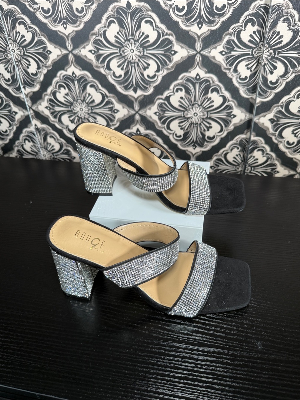 Rouge! Black Suede Mules with Silver Crystal Straps and Block Heels